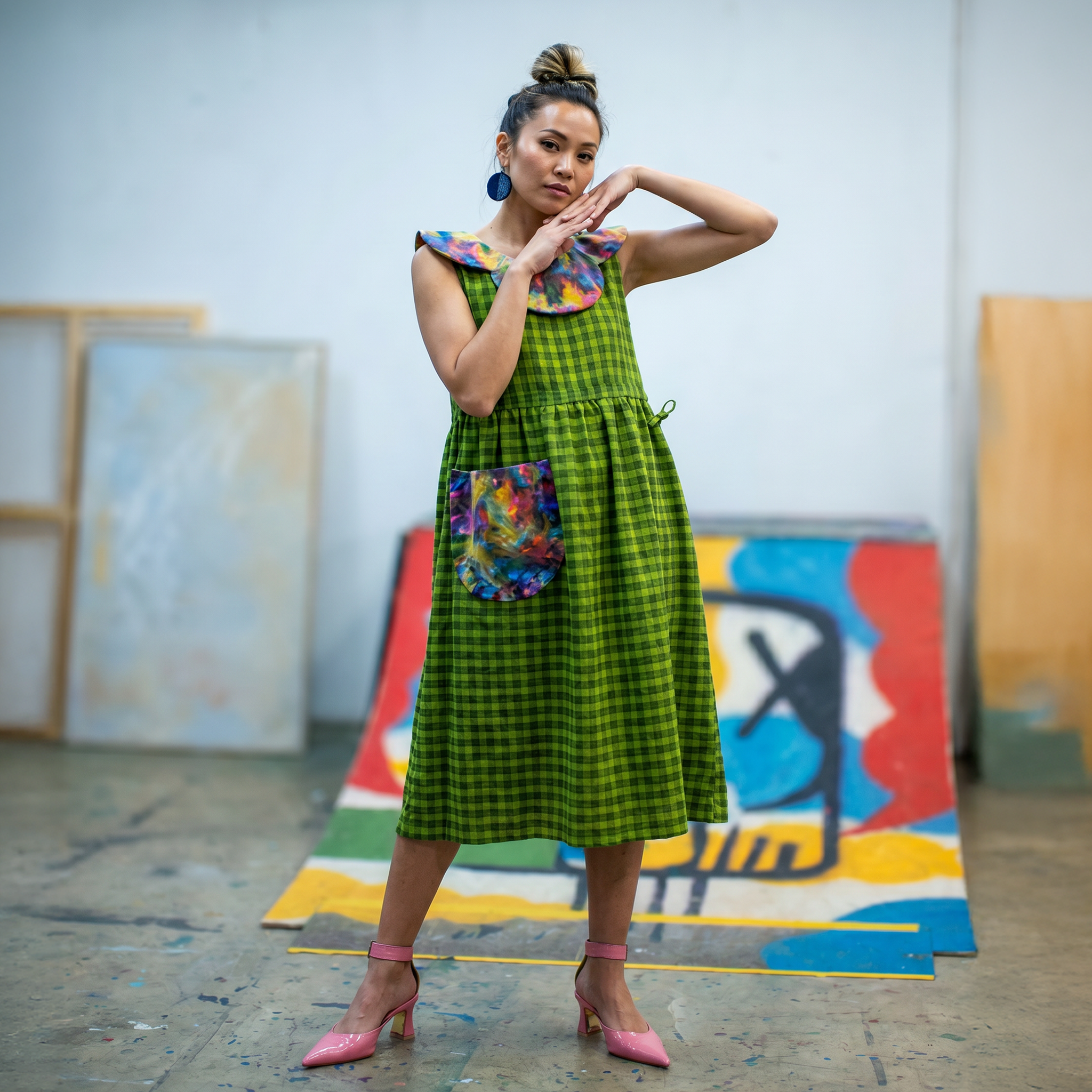 Green Upcycled Dress - Peter Pan Collar