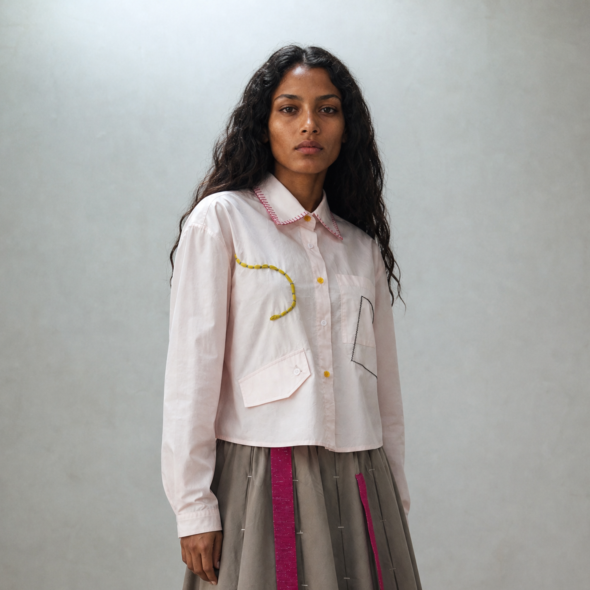 Pink Embroidered Crop Shirt